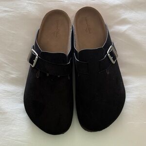 Black Suede Slip-On Clogs with Buckle